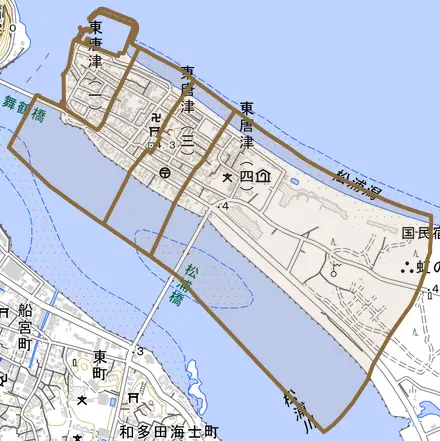 東唐津とその周辺の地図。町の範囲を重ねている