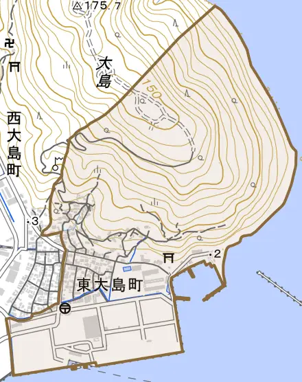東大島町とその周辺の地図。町の範囲を重ねている