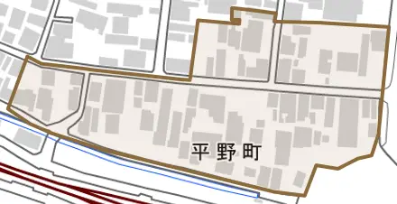 平野町とその周辺の地図。町の範囲を重ねている