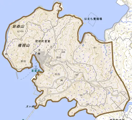 肥前町星賀とその周辺の地図。町の範囲を重ねている