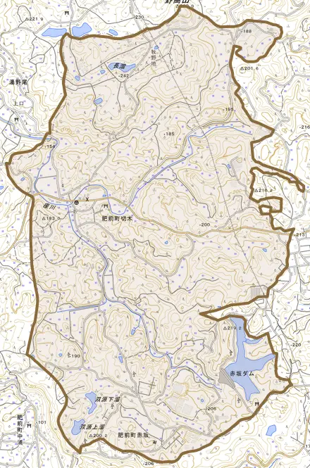 肥前町切木とその周辺の地図。町の範囲を重ねている