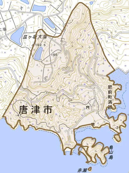 肥前町満越とその周辺の地図。町の範囲を重ねている