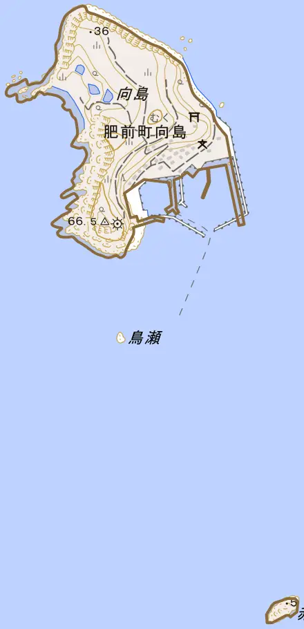 肥前町向島とその周辺の地図。町の範囲を重ねている