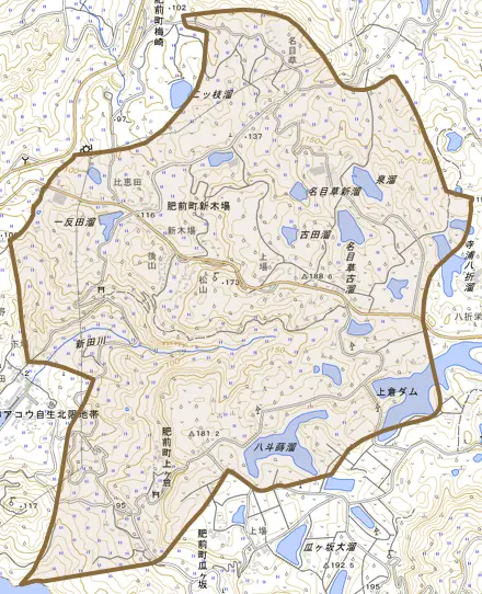 肥前町新木場とその周辺の地図。町の範囲を重ねている