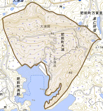 肥前町大浦とその周辺の地図。町の範囲を重ねている