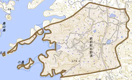 肥前町杉野浦とその周辺の地図。町の範囲を重ねている