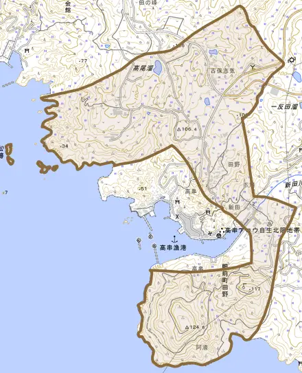 肥前町田野とその周辺の地図。町の範囲を重ねている
