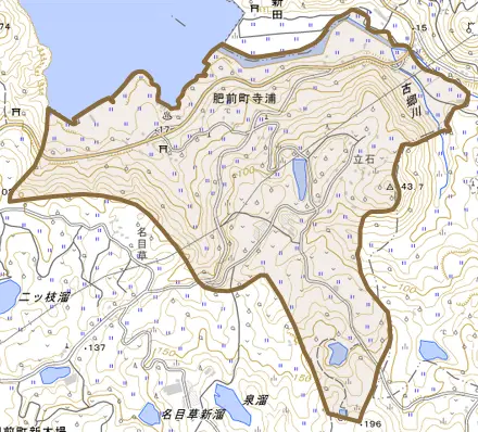 肥前町寺浦とその周辺の地図。町の範囲を重ねている