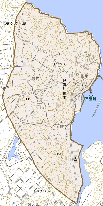 肥前町鶴牧とその周辺の地図。町の範囲を重ねている