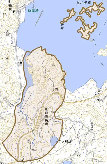 肥前町梅崎とその周辺の地図。町の範囲を重ねている