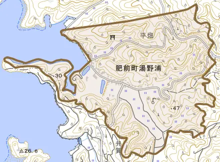 肥前町湯野浦とその周辺の地図。町の範囲を重ねている