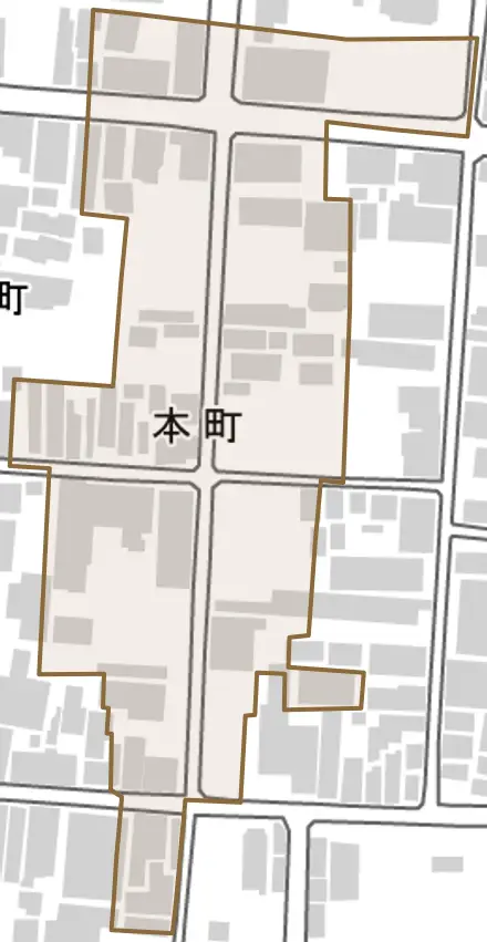 本町とその周辺の地図。町の範囲を重ねている