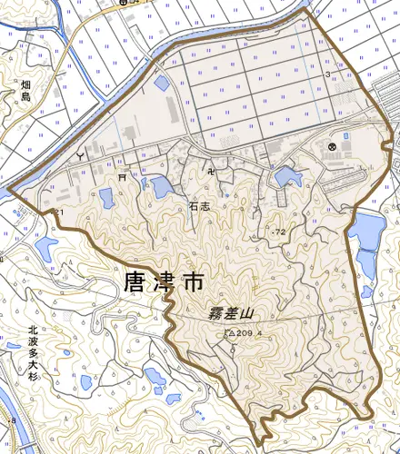 石志とその周辺の地図。町の範囲を重ねている