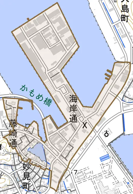 海岸通とその周辺の地図。町の範囲を重ねている