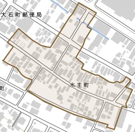 水主町とその周辺の地図。町の範囲を重ねている
