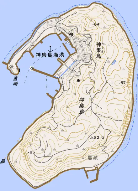 神集島とその周辺の地図。町の範囲を重ねている