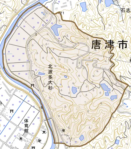 北波多大杉とその周辺の地図。町の範囲を重ねている
