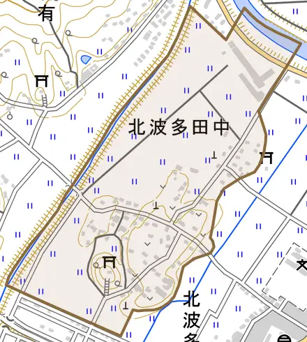 北波多田中とその周辺の地図。町の範囲を重ねている