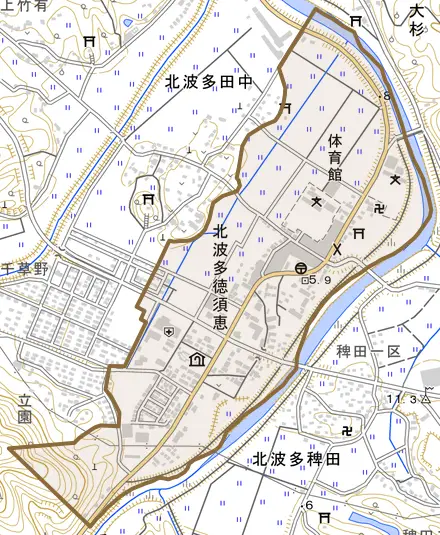 北波多徳須恵とその周辺の地図。町の範囲を重ねている
