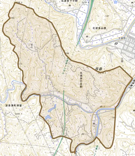 北波多行合野とその周辺の地図。町の範囲を重ねている