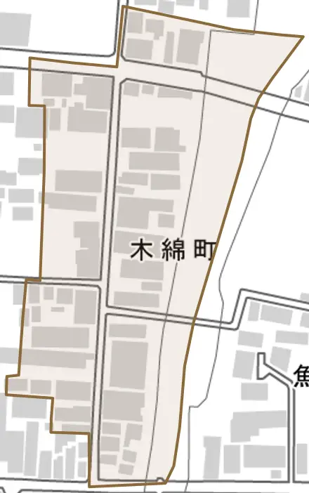 木綿町とその周辺の地図。町の範囲を重ねている