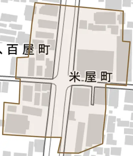 米屋町とその周辺の地図。町の範囲を重ねている