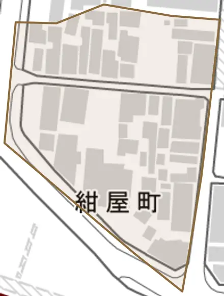 紺屋町とその周辺の地図。町の範囲を重ねている