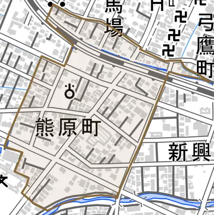 熊原町とその周辺の地図。町の範囲を重ねている