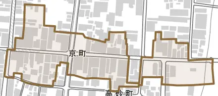 京町とその周辺の地図。町の範囲を重ねている