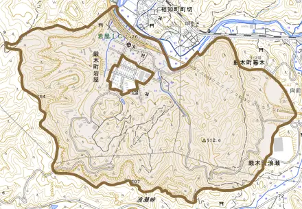 厳木町岩屋とその周辺の地図。町の範囲を重ねている