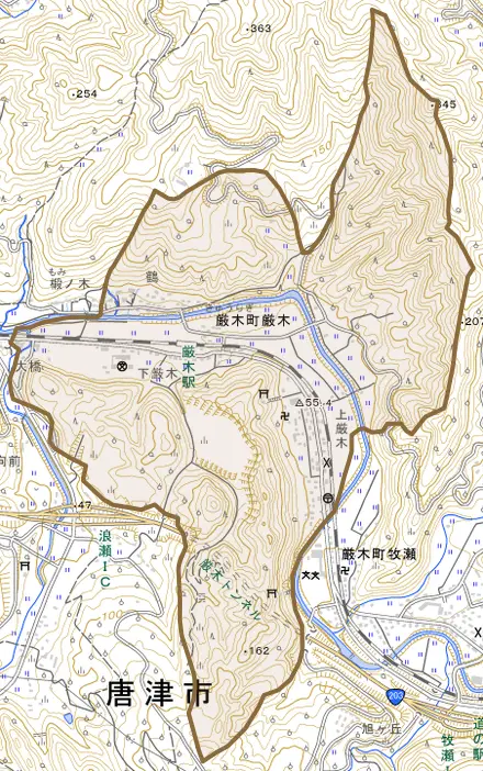 厳木町厳木とその周辺の地図。町の範囲を重ねている
