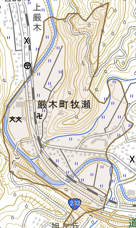 厳木町牧瀬とその周辺の地図。町の範囲を重ねている
