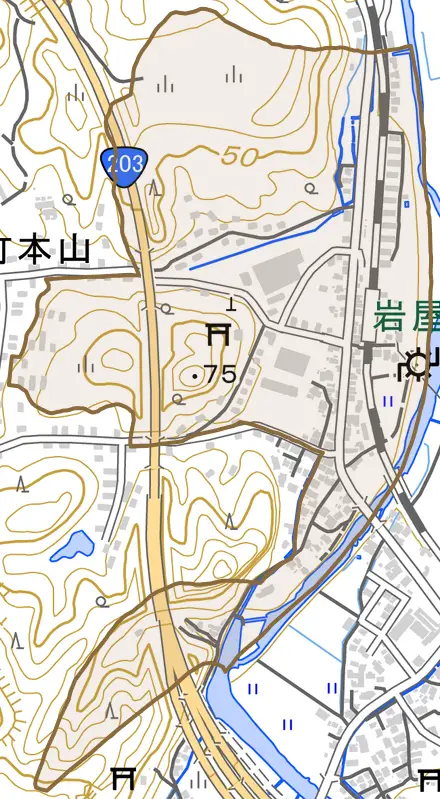 厳木町本山とその周辺の地図。町の範囲を重ねている