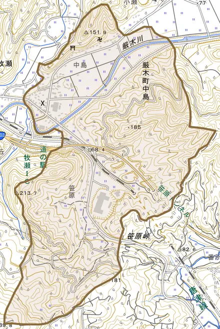 厳木町中島とその周辺の地図。町の範囲を重ねている
