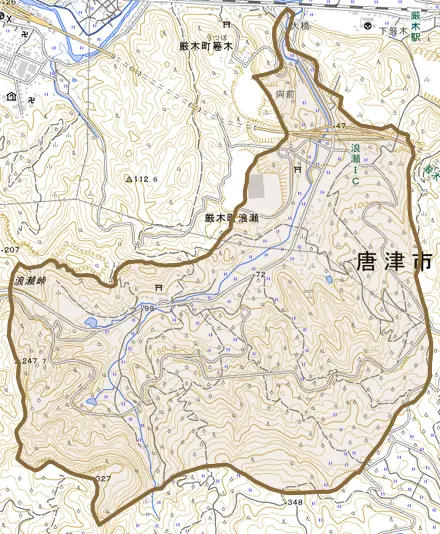 厳木町浪瀬とその周辺の地図。町の範囲を重ねている