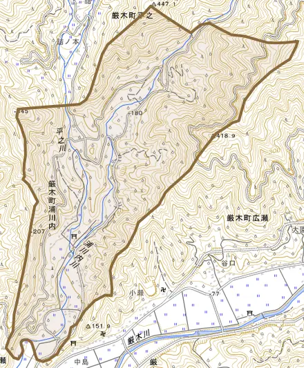 厳木町浦川内とその周辺の地図。町の範囲を重ねている