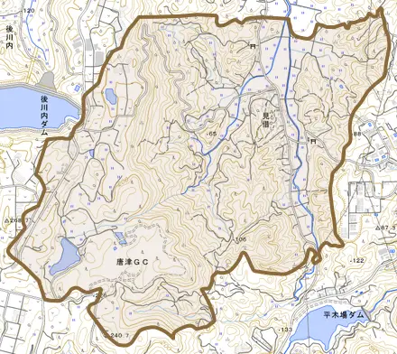 見借とその周辺の地図。町の範囲を重ねている
