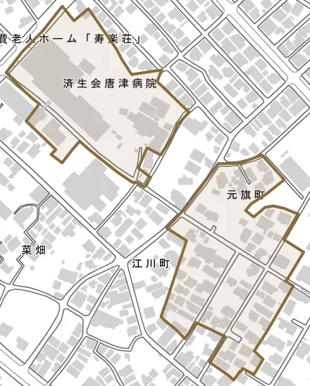 元旗町とその周辺の地図。町の範囲を重ねている