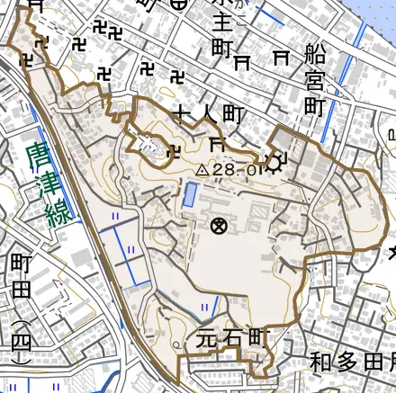 元石町とその周辺の地図。町の範囲を重ねている