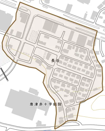 長谷とその周辺の地図。町の範囲を重ねている