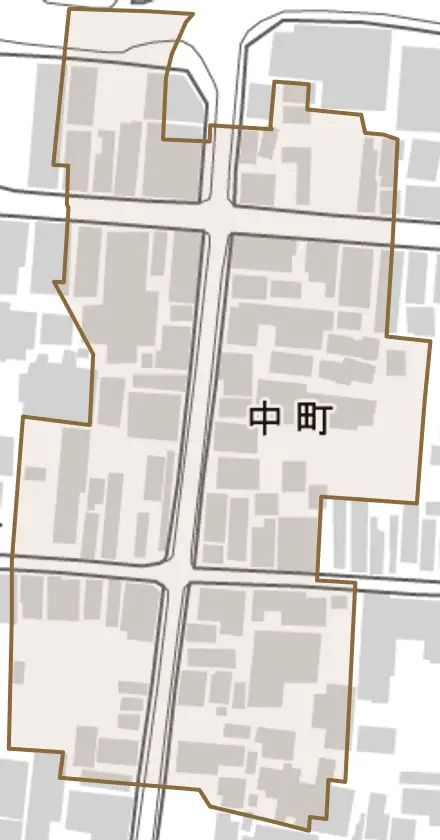 中町とその周辺の地図。町の範囲を重ねている