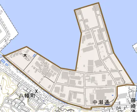 中瀬通とその周辺の地図。町の範囲を重ねている