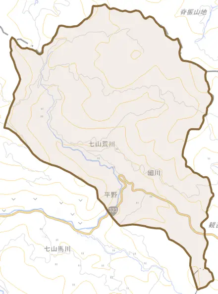 七山荒川とその周辺の地図。町の範囲を重ねている