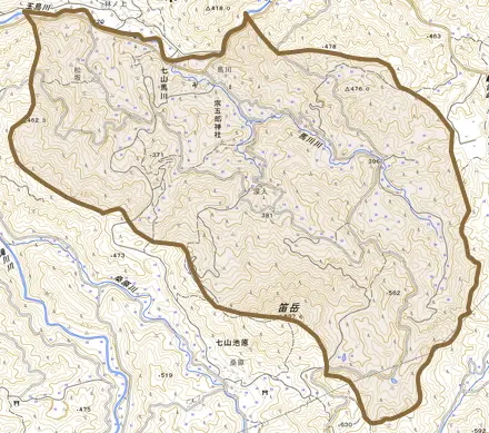 七山馬川とその周辺の地図。町の範囲を重ねている