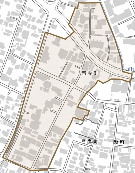 西寺町とその周辺の地図。町の範囲を重ねている