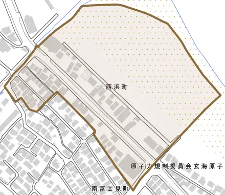 西浜町とその周辺の地図。町の範囲を重ねている