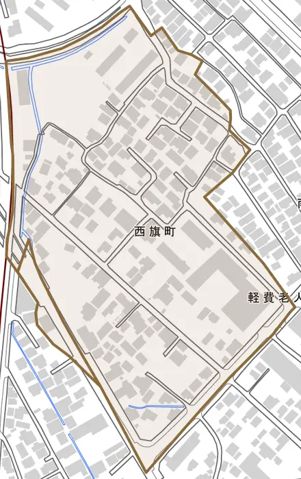 西旗町とその周辺の地図。町の範囲を重ねている