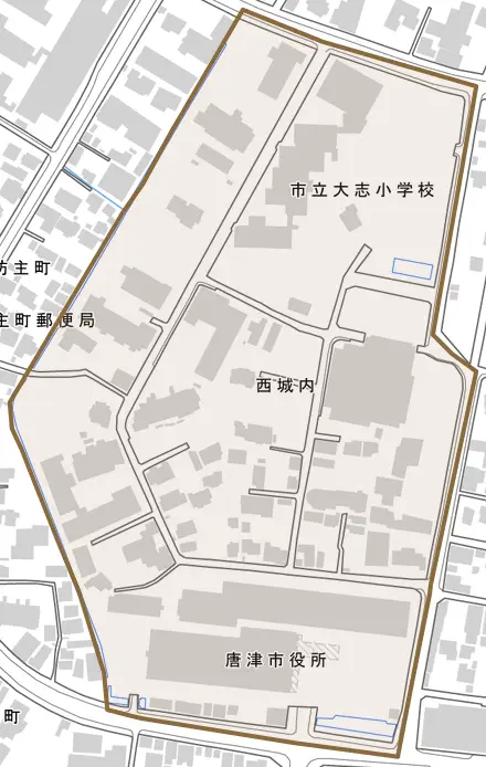 西城内とその周辺の地図。町の範囲を重ねている