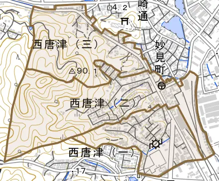 西唐津とその周辺の地図。町の範囲を重ねている