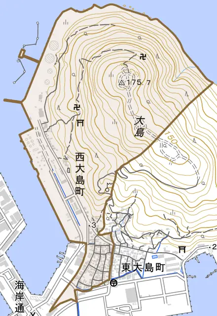 西大島町とその周辺の地図。町の範囲を重ねている